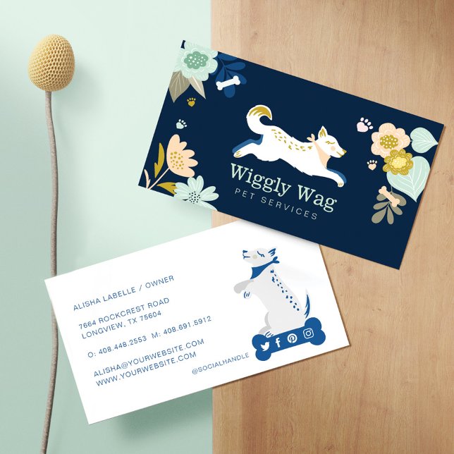 Leaping Dog Floral Botanical Navy Pet Services Business Card (Creator Uploaded)