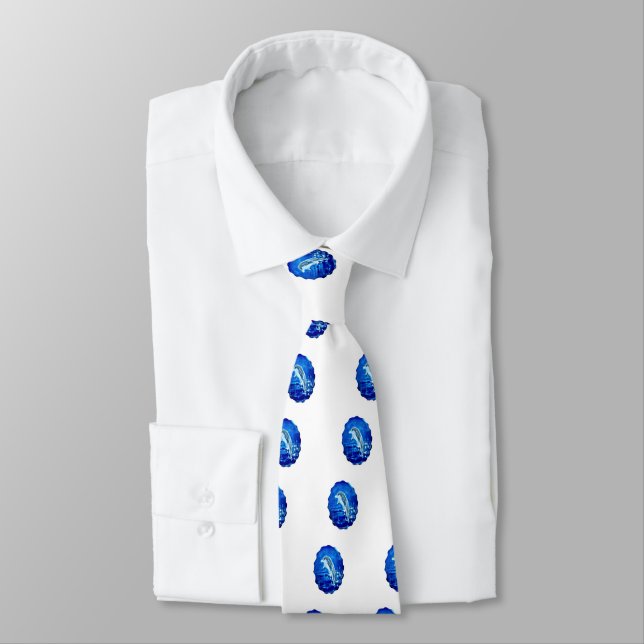 Leaping Dolphin Blue Pattern Tie (Tied)