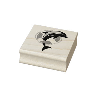 Leaping dolphin/porpoise through life ring rubber stamp
