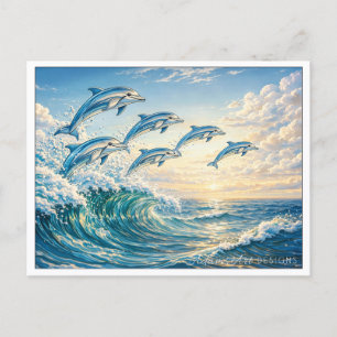 Leaping Dolphins at Sunset Ocean Wave Holiday Postcard