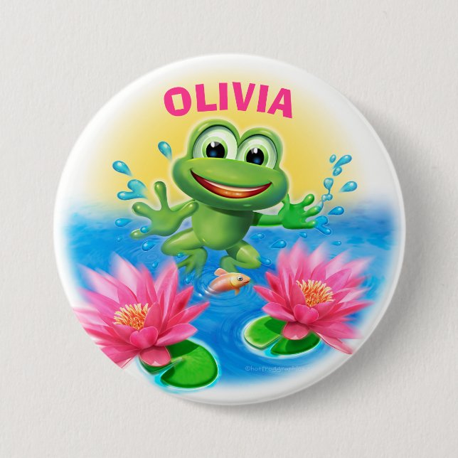 Leaping frog custom name birthday party badge (Front)