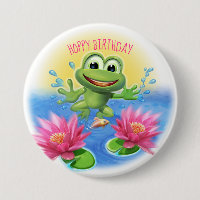Leaping frog Hoppy birthday party badge