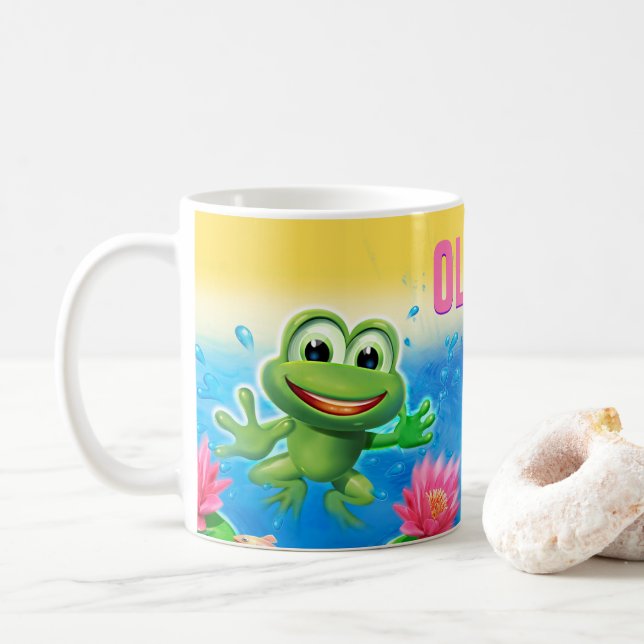 Leaping frog party custom NAME ceramic mug (With Donut)