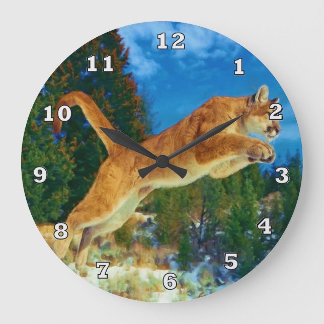 Leaping Mountain Lion Clock (Cougar) (Front)