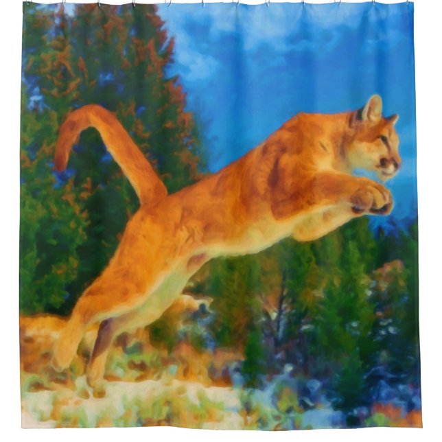 Leaping Mountain Lion Shower Curtain (Cougar) (Front)