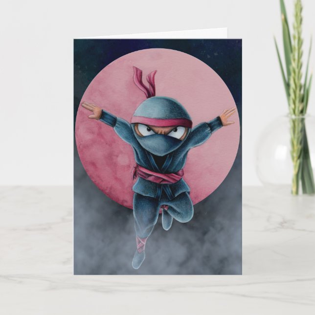 Leaping Ninja Red Moon Birthday  Card (Front)