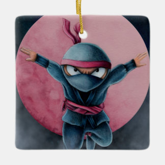 Leaping Ninja Red Moon Ceramic Ornament