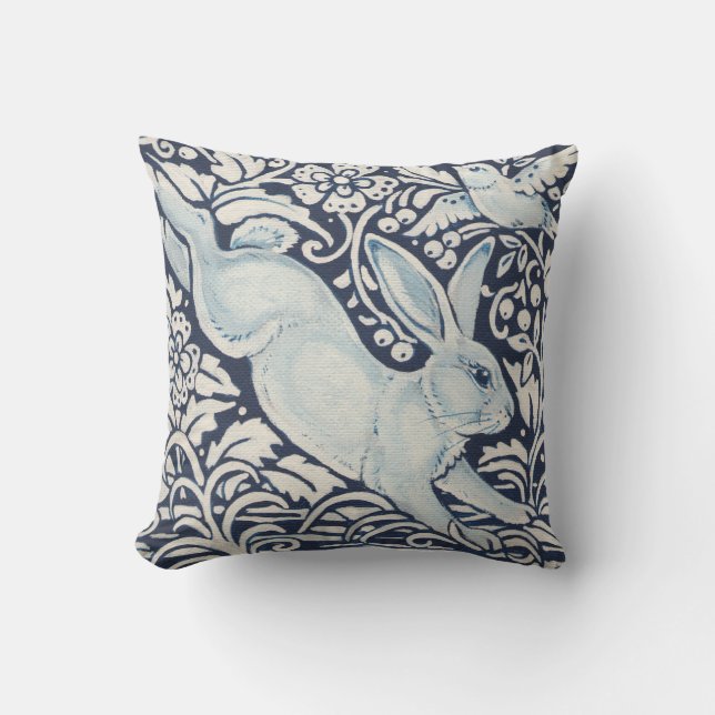 Leaping Rabbit, Bird Navy Blue Floral Animal Cushion (Front)