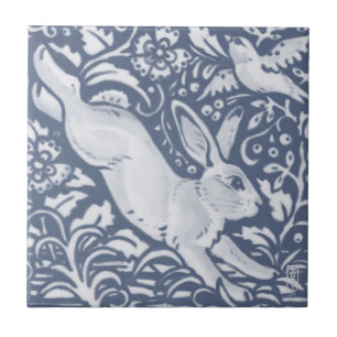 Leaping Rabbit Blue White Botanical Dedham Delft Tile
