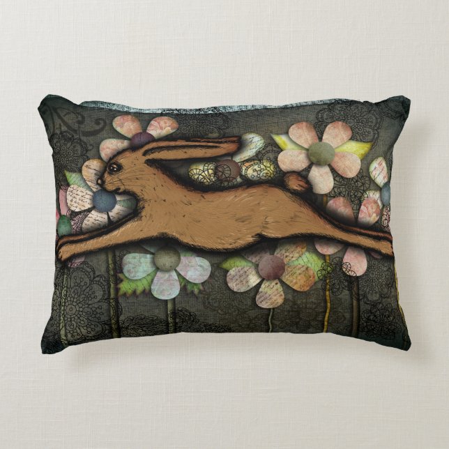 Leaping Rabbit Paper Flowers Collage Decorative Cushion (Front)
