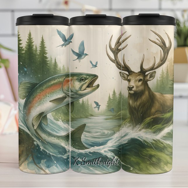 Leaping Rainbow Trout Forest Deer Thermal Tumbler (Creator Uploaded)