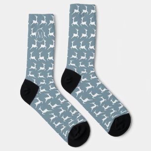 Leaping Reindeer Pattern on Dusty Teal Monogram Socks