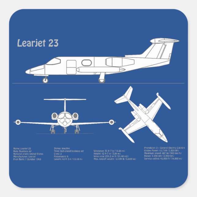 Learjet 23 - Aeroplane Blueprint Drawing Plans ABD Square Sticker (Front)