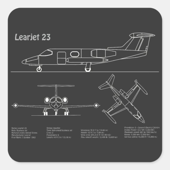 Learjet 23 - Aeroplane Blueprint Drawing Plans PD Square Sticker (Front)