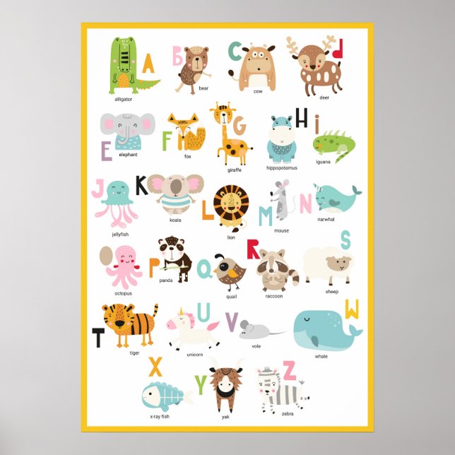 Learn the ABCs | Fun Orange Yellow Animal Alphabet Poster (Front)