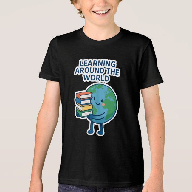 Learning Around the World Earth Cartoon T-Shirt Tri-Blend Shirt (Front)
