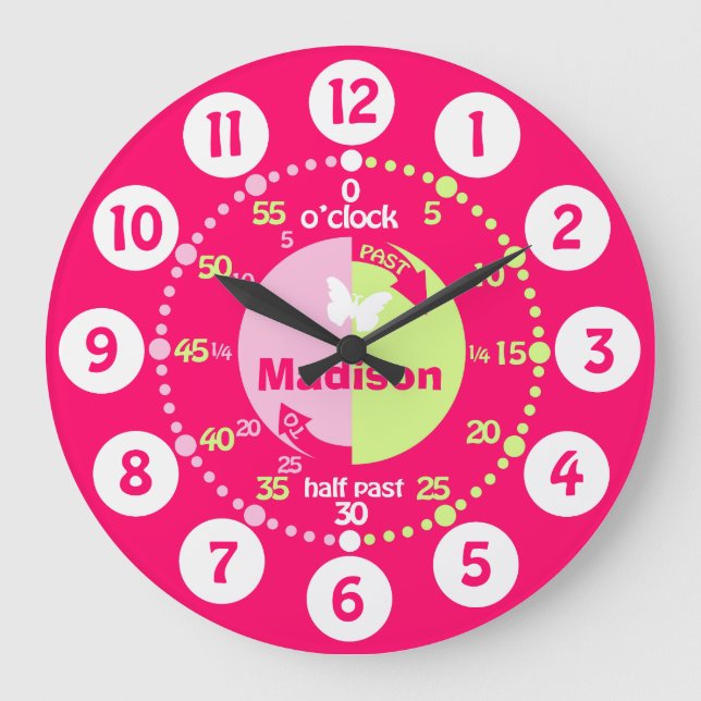 Learning time red pink green custom girls clock (Front)