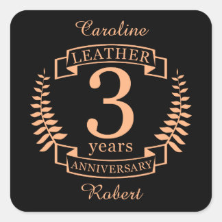 Leather 3 years wedding anniversary square sticker