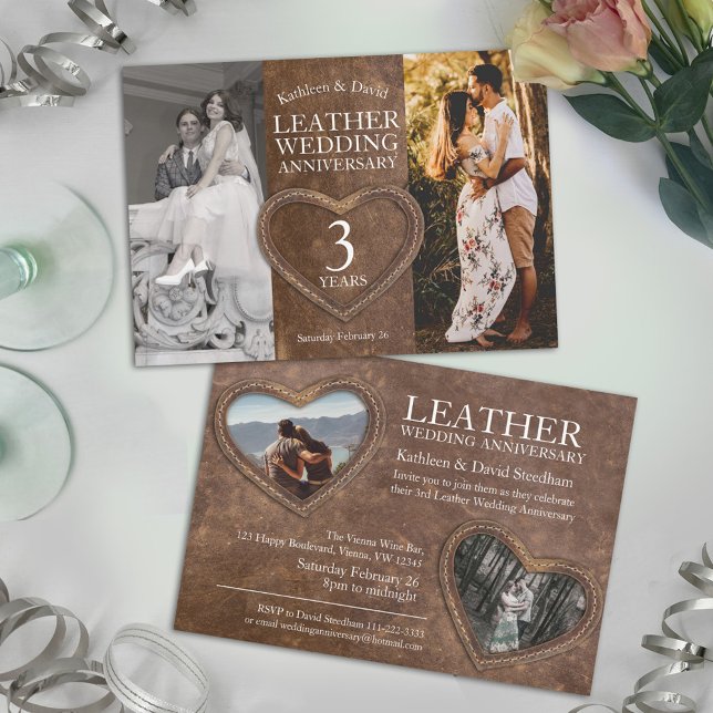 Leather 3rd wedding anniversary heart party invitation (Creator Uploaded)