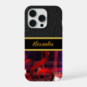 Leather and a gold Monogram with Red music notes iPhone 15 Pro Case