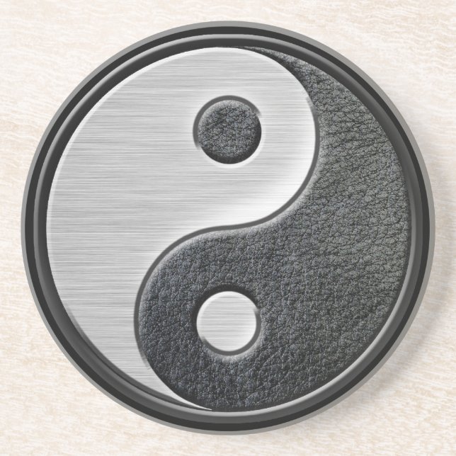 Leather and Steel Effect Yin Yang Graphic Coaster (Front)