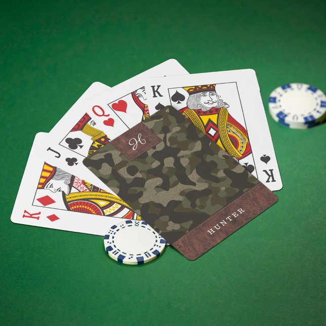 Leather & Army Camouflage Pattern Name & Monogram Playing Cards (Leather & Army Camouflage Pattern Name & Monogram Playing Cards)
