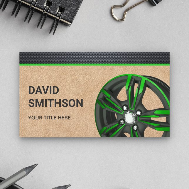 Leather Black Green Car Alloy Wheel Rim Mechanic Business Card (Creator Uploaded)