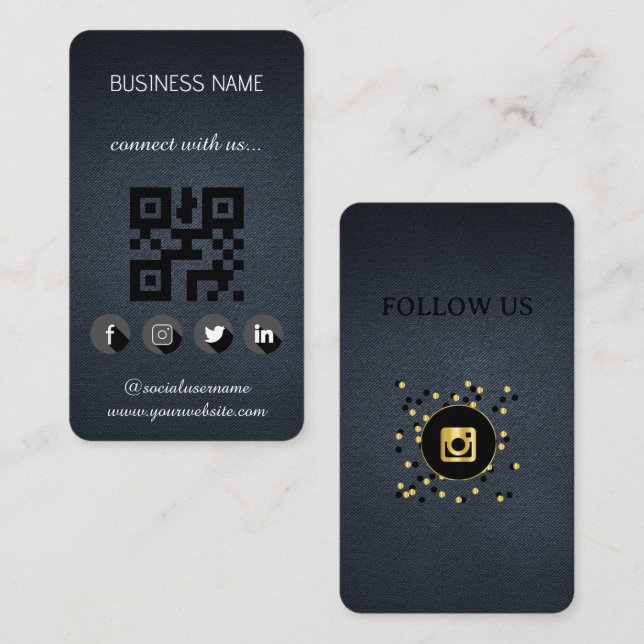 Leather black -Social Media QR Code  Business Card (Front/Back)