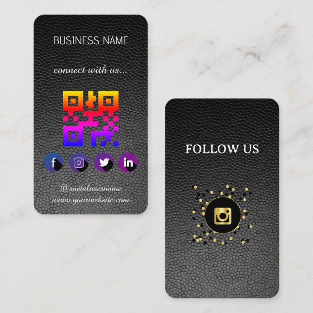 Leather black -Social Media QR Code  Business Card (Front/Back)