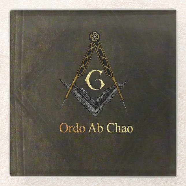 Leather Book Look Square and Compass Glass Coaster (Front)