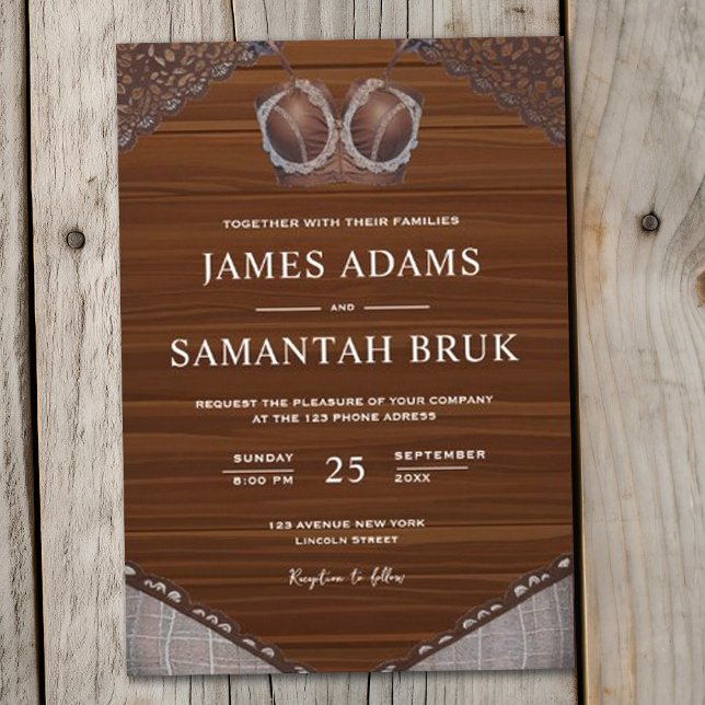 Leather Bra Rustic Wood String Lights Wedding Invitation (Creator Uploaded)
