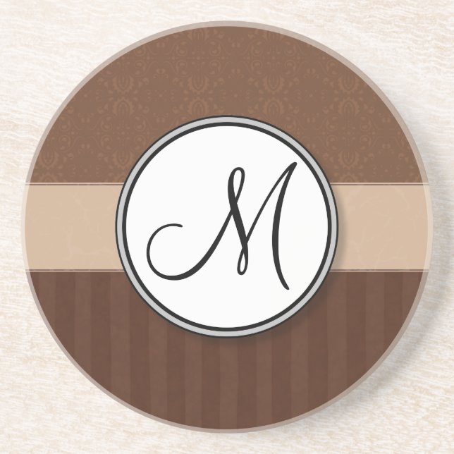 Leather Brown Damask with Stripes and Monogram Coaster (Front)