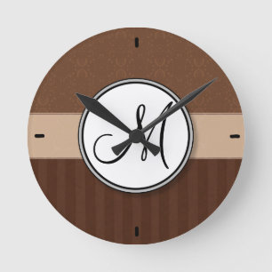 Leather Brown Damask with Stripes and Monogram Round Clock