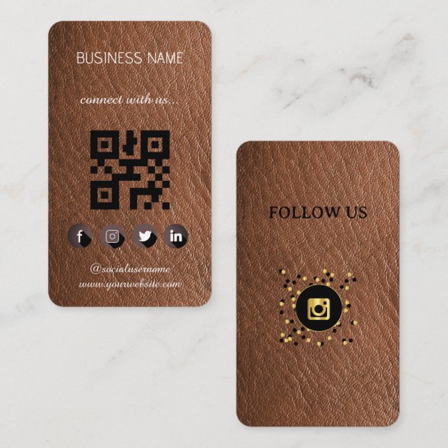 Leather Brown -Social Media QR Code  Business Card (Front/Back)