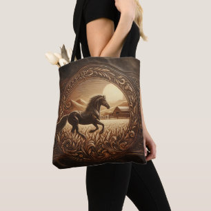 Leather Carving, Horse Ranch Tote Bag