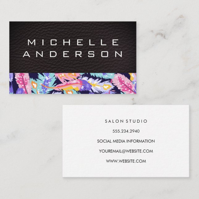 Leather | Colourful Feather Pattern Business Card (Front/Back)