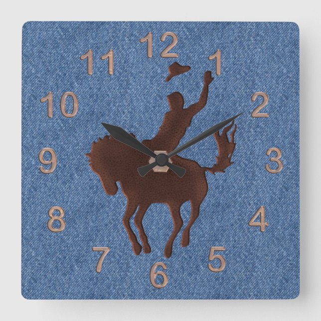 Leather Cowboy and Horse on Denim Square Wall Clock (Front)