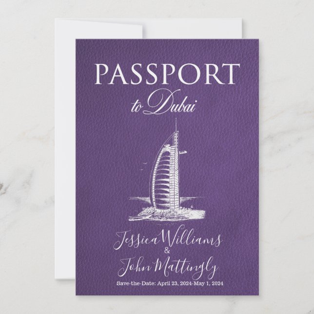 Leather Dubai Passport Wedding Save the Date Invitation (Front)