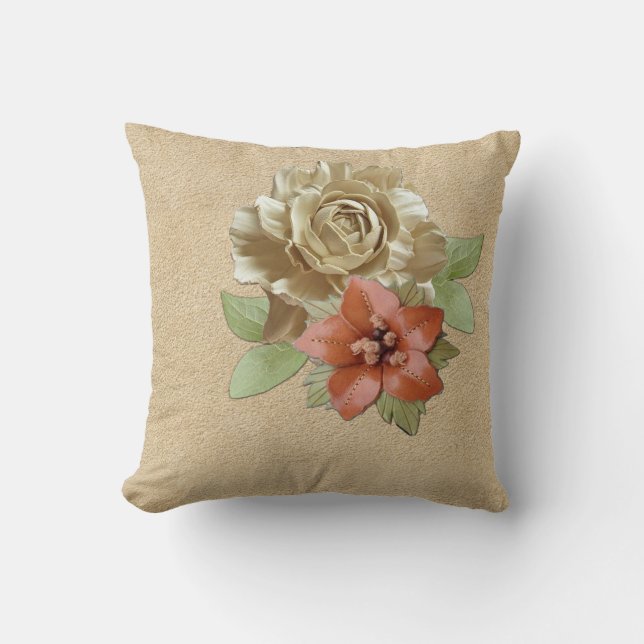 Leather Flowers on Cream Suede  Cushion (Front)