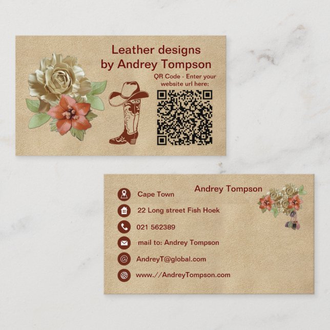 Leather Flowers on Cream Suede Wristlet Business C Card (Front/Back)