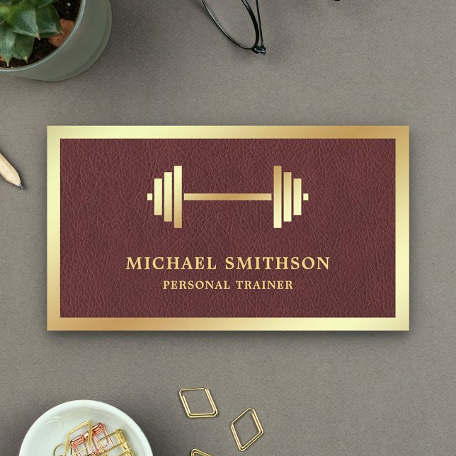Leather Gold Dumbbell Fitness Personal Trainer Business Card (Creator Uploaded)