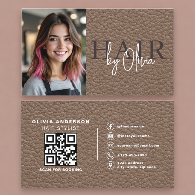 Leather Hair Stylist Photo QR Code  Business Card (Creator Uploaded)