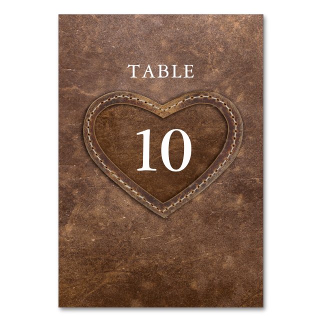 Leather heart 3rd wedding anniversary brown table number (Front)