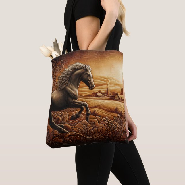 Leather Horse Ranch Sunset Tote Bag (Close Up)