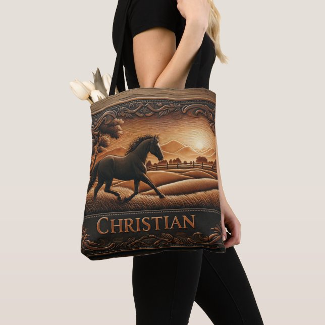 Leather Horse Ranch Sunset Tote Bag (Close Up)