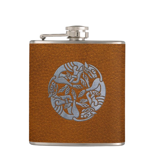 Leather Iron Celtic Dog Hip Flask (Front)
