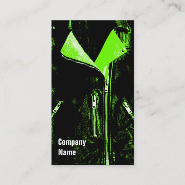 Leather Jacket Green business card black side text (Front)