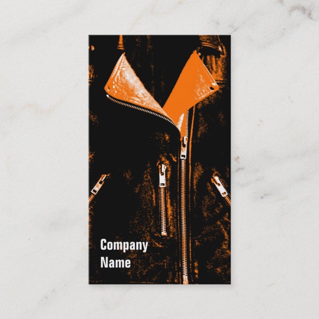 Leather Jacket Orange black side text Business Card (Front)