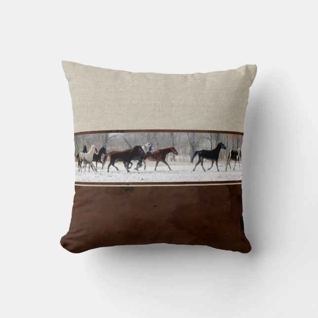 Leather, Linen, and Horses Decorator Accent Pillow (Front)