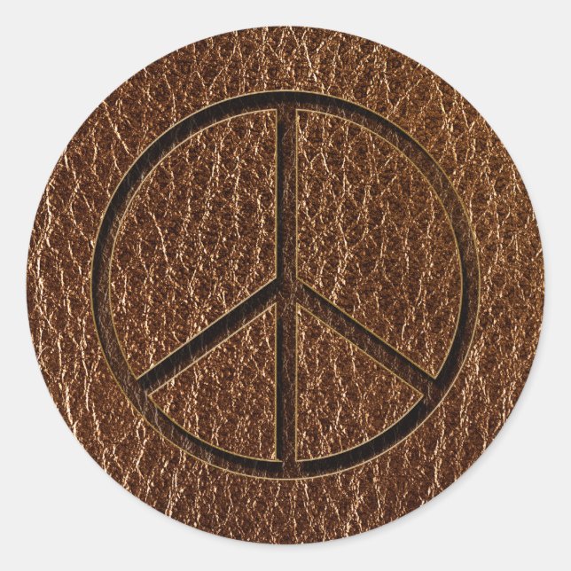 Leather-Look Peace Brown Classic Round Sticker (Front)